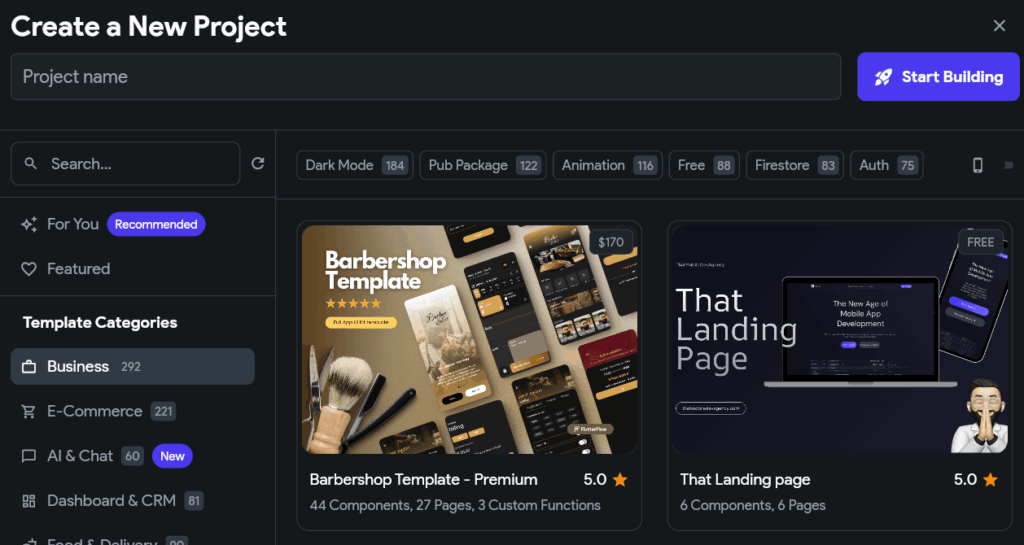 Tela da biblioteca de templates do FlutterFlow com categorias como Business, E commerce, Education.