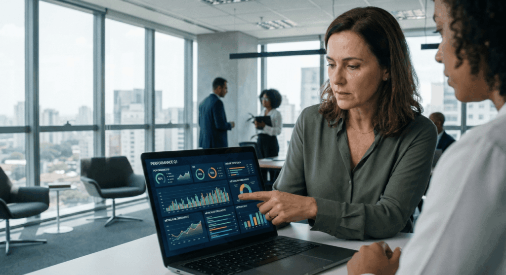 gestão de expectativas em reunião corporativa com equipe alinhando metas e prazos usando dashboard de dados