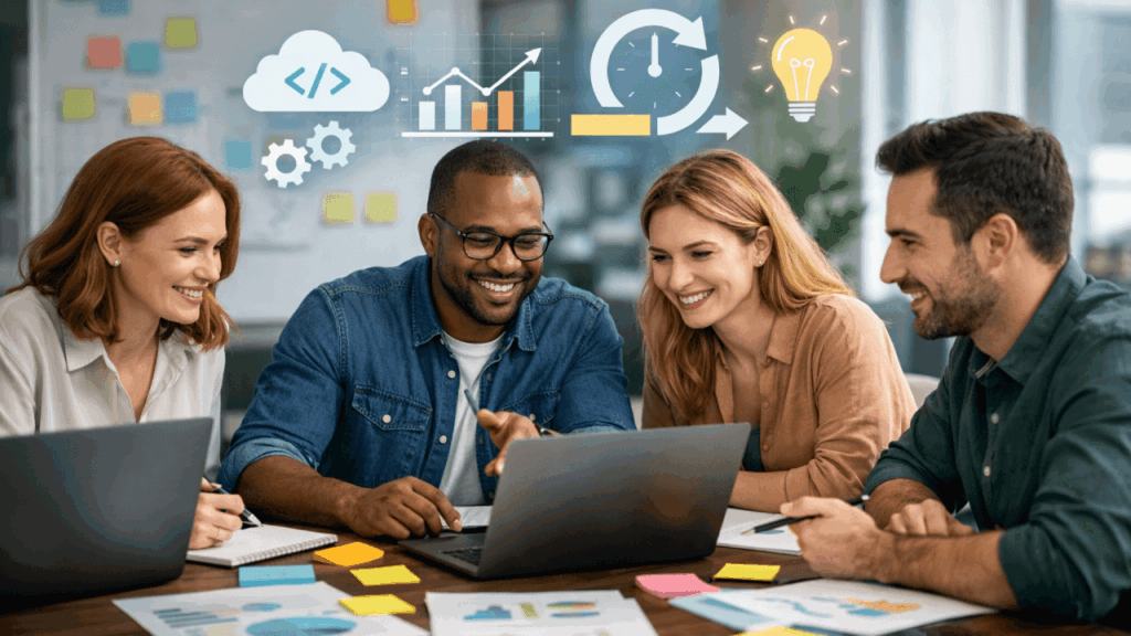 Equipe colaborando em projetos usando metodologias ágeis para empresas