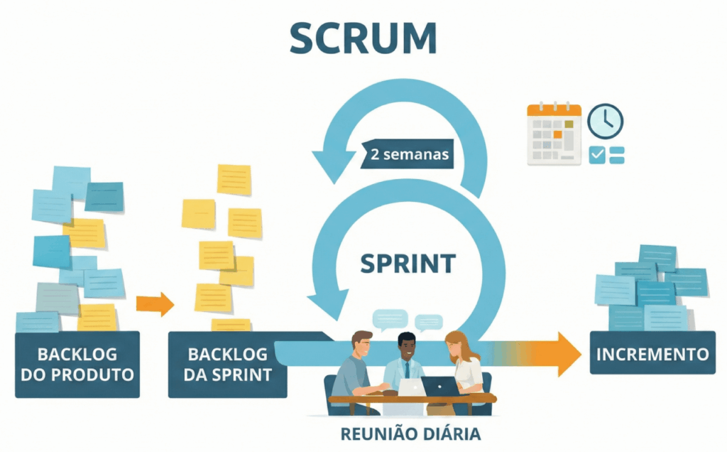 Diagrama visual do framework Scrum, mostrando backlog, sprint, reuniões diárias e entrega incremental, layout limpo, cores corporativas, estilo infográfico moderno, foco em gestão ágil de projetos