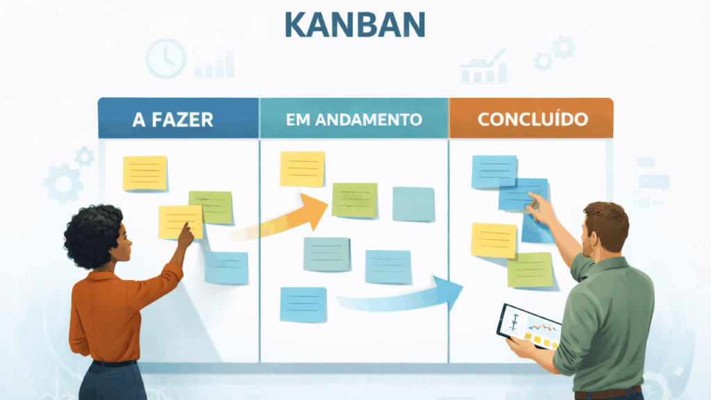 Quadro Kanban visual com colunas a fazer, em andamento e concluído, cartões organizados, estilo profissional, foco em produtividade, gestão visual e metodologias ágeis, ambiente corporativo moderno