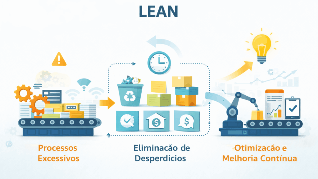 Ilustração de metodologia Lean mostrando fluxo de processos enxuto, eliminação de desperdícios, melhoria contínua, ícones de eficiência, dados e automação, estilo infográfico corporativo