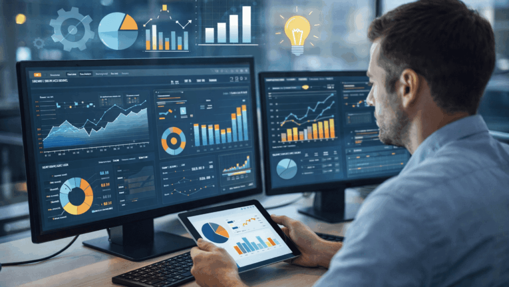 Profissional analisando dashboards com gráficos e indicadores de desempenho, ambiente corporativo, foco em tomada de decisão baseada em dados, tecnologia e análise estratégica, estilo realista