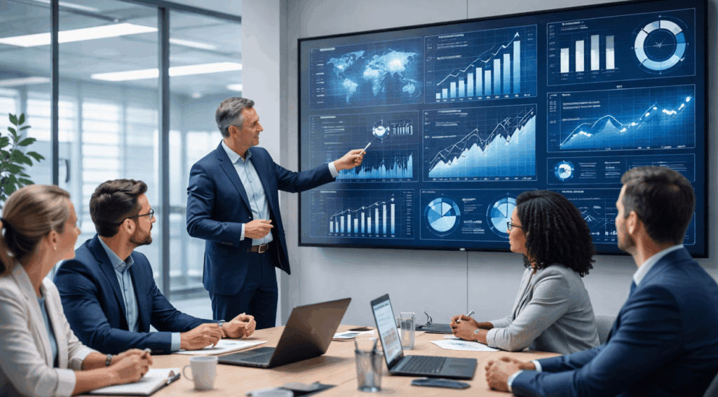 Equipe corporativa analisando tendências de mercado e tecnologia para definir treinamentos corporativos estratégicos em 2026.