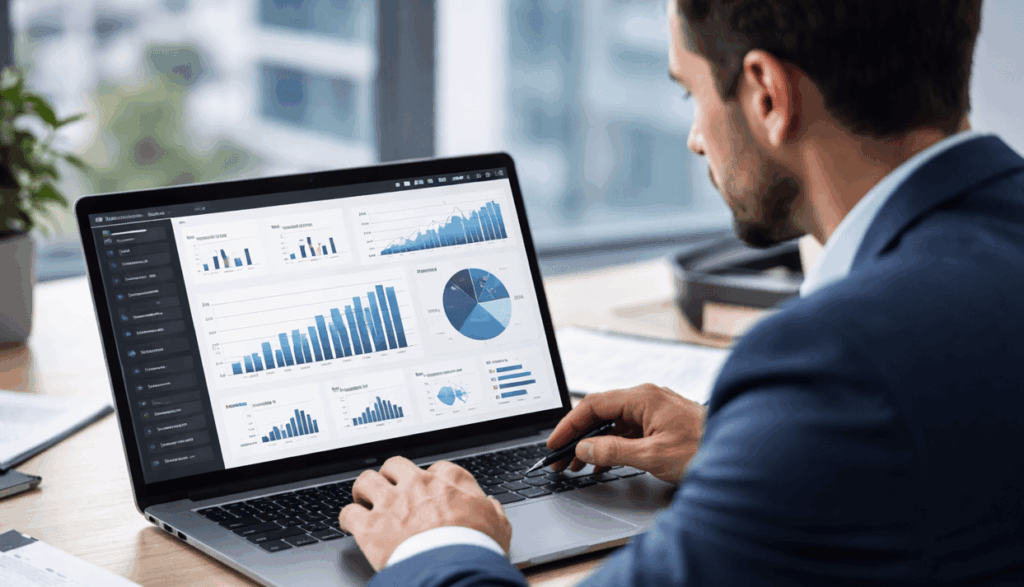 Profissional analisando dashboard de dados para tomada de decisão estratégica em treinamentos corporativos em tecnologia.