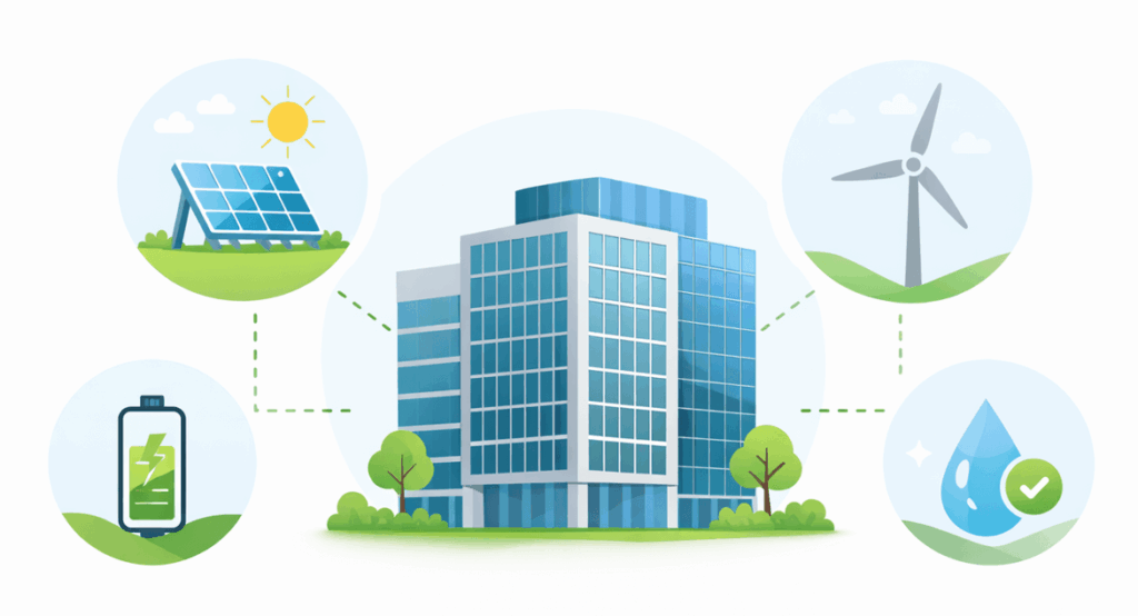 Tecnologia sustentável aplicada no ambiente corporativo para reduzir impactos ambientais e melhorar eficiência operacional.