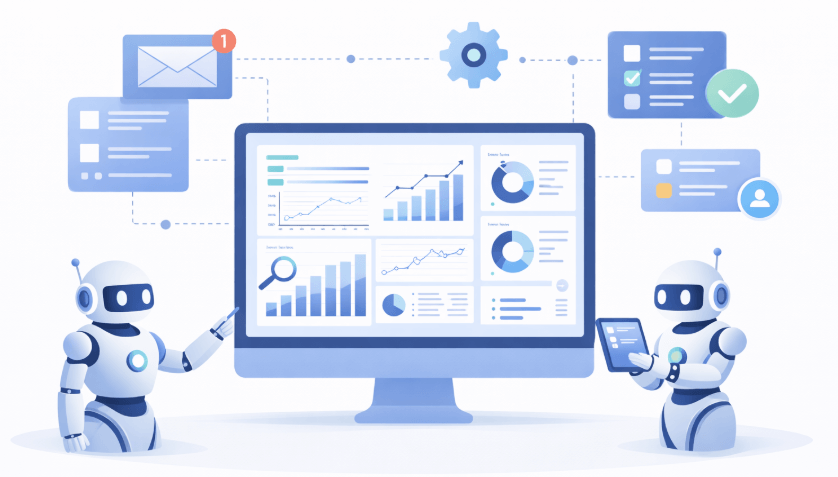 Representação visual de agentes de IA automatizando tarefas corporativas e executando processos de forma autônoma nas empresas.