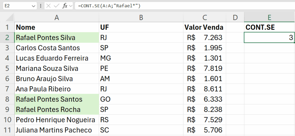 exemplo asterisco no Excel Rafael* CONT.SE
