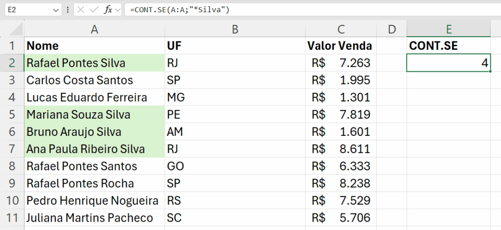 fórmula CONT.SE asterisco Excel sobrenome Silva