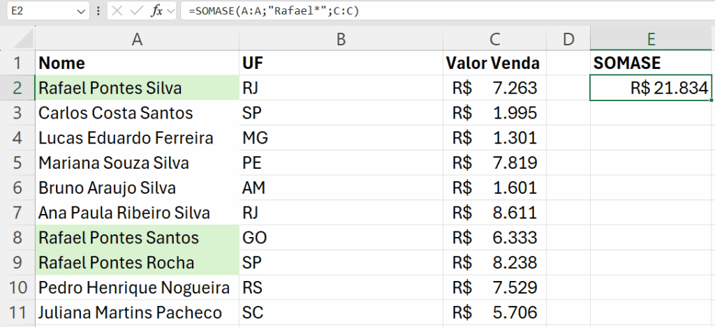 SOMASE com asterisco no Excel exemplo prático