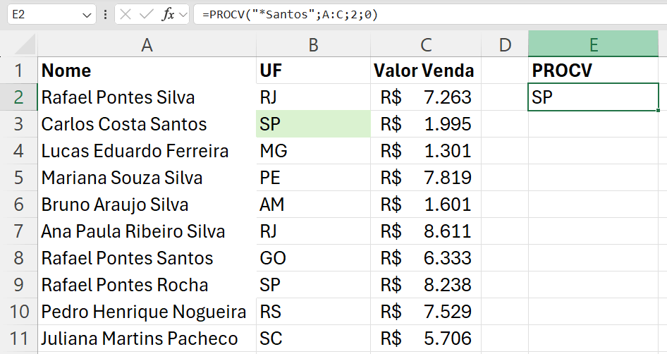 PROCV asterisco Excel primeiro resultado Santos