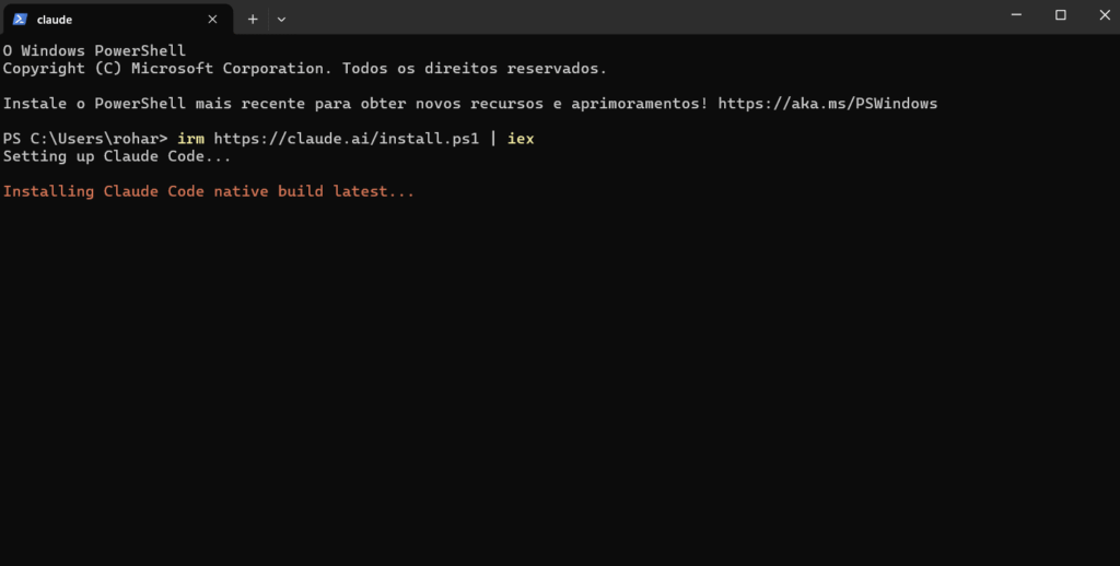 Terminal do Windows PowerShell executando comando para instalar o Claude Code