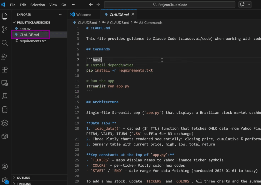 Editor do Visual Studio Code exibindo o arquivo CLAUDE.md aberto em um projeto chamado “ProjetoClaudeCode”, com instruções para o Claude Code, incluindo comandos para instalar dependências com pip install -r requirements.txt e executar o app com streamlit run app.py