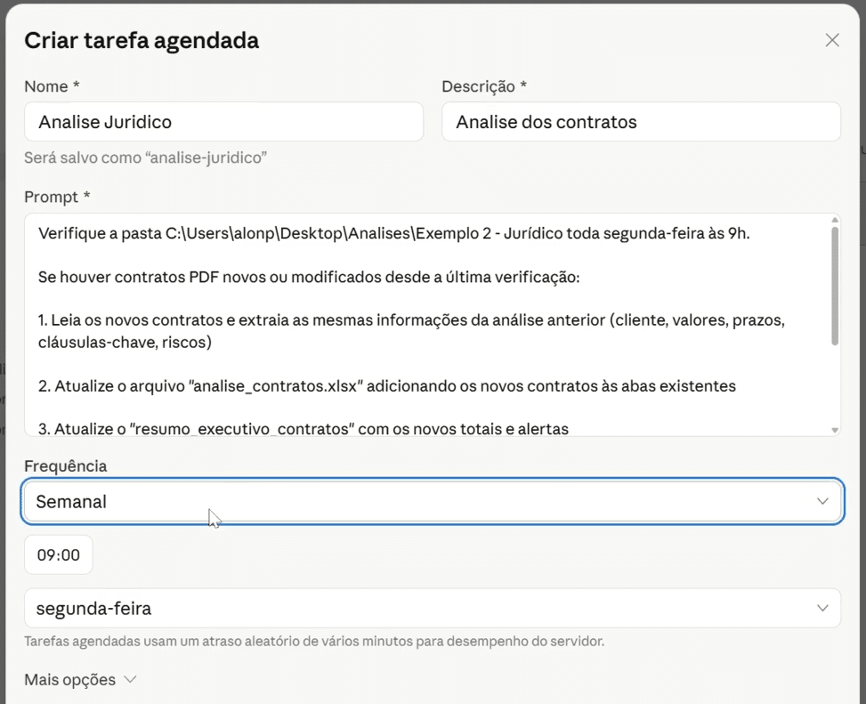 configuração do Schedule no Claude Cowork com campos de nome, prompt e frequência preenchidos