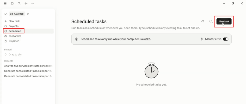 tela de configuração do Schedule no Claude Cowork