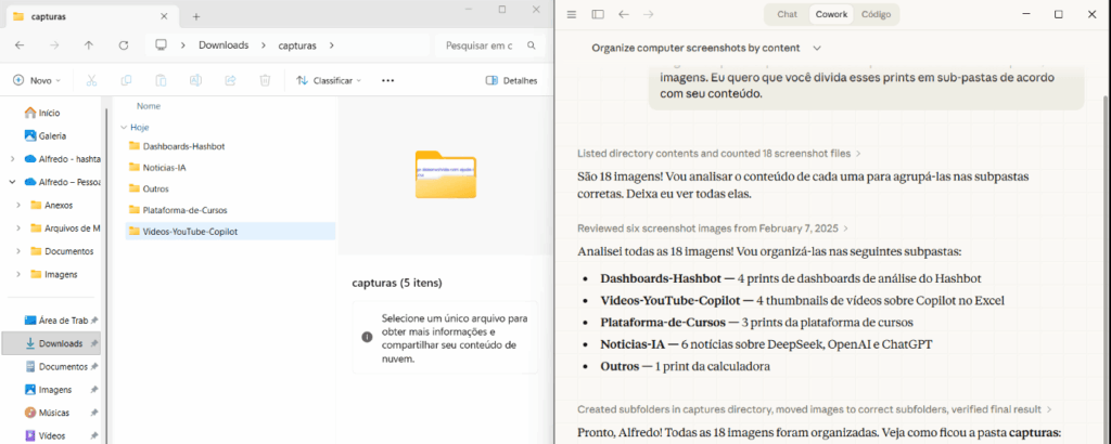 Claude Cowork organizando arquivos automaticamente em subpastas no computador