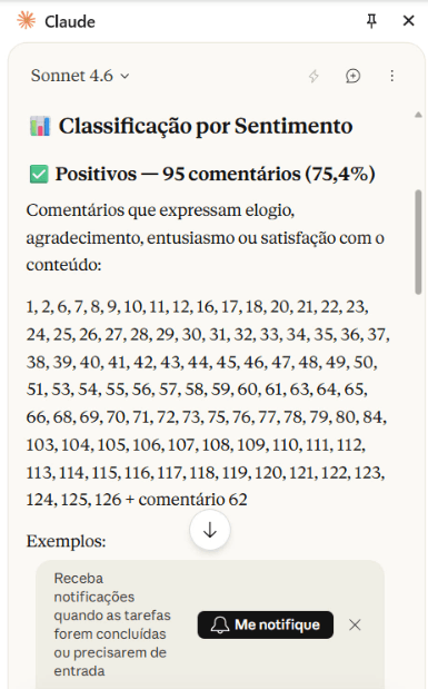 Claude analisando comentários do YouTube e classificando por sentimento e categoria