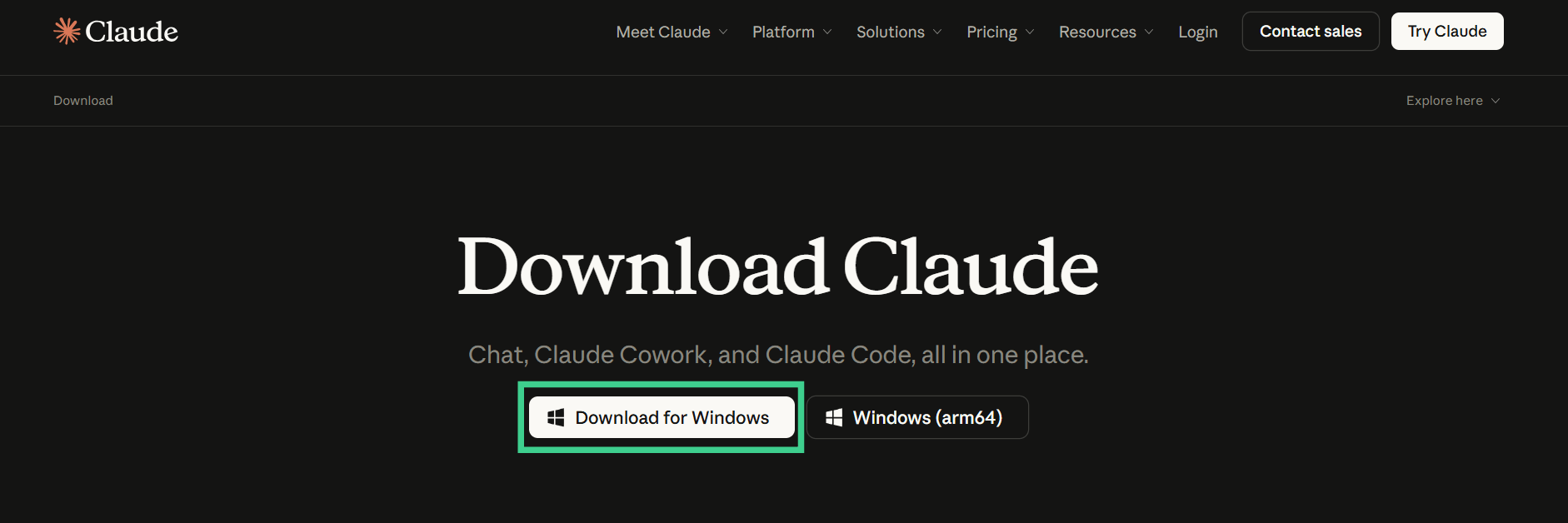 Tela de download do Claude com destaque para o botão “Download for Windows”, além de opções como Windows (arm64) e navegação superior com menus de plataforma e recursos