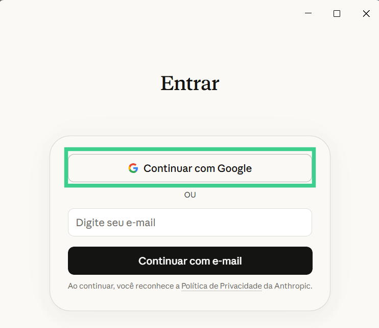 Tela de login com título “Entrar”, opção “Continuar com Google”, campo para digitar e-mail, botão “Continuar com e-mail” e aviso sobre a política de privacidade