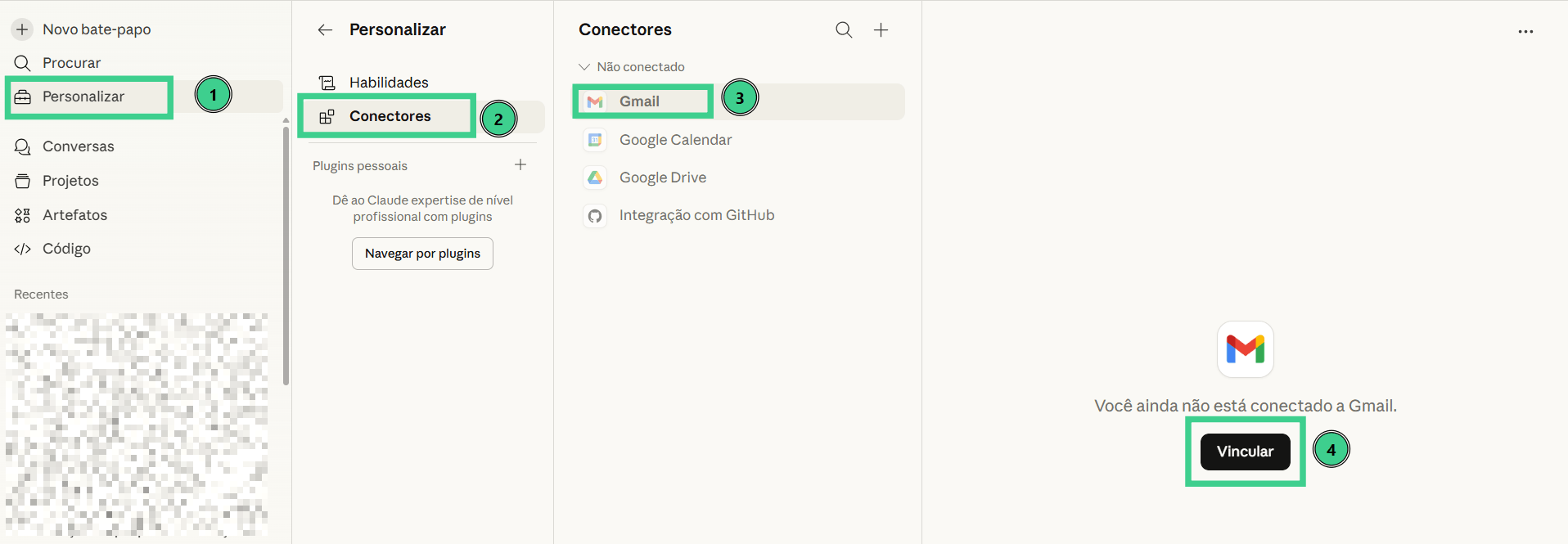 Interface de “Personalizar” com a aba “Conectores” aberta. Etapas numeradas indicam o fluxo: (1) selecionar “Personalizar” no menu lateral, (2) acessar “Conectores”, (3) escolher o Gmail na lista de integrações e (4) clicar no botão “Vincular” para conectar a conta, exibido à direita junto ao aviso de que o Gmail ainda não está conectado