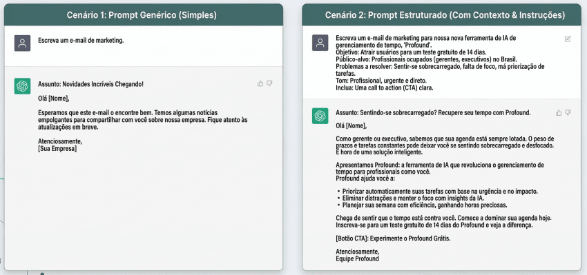 diferença entre prompt genérico e prompt com contexto no ChatGPT para melhorar o uso de IA