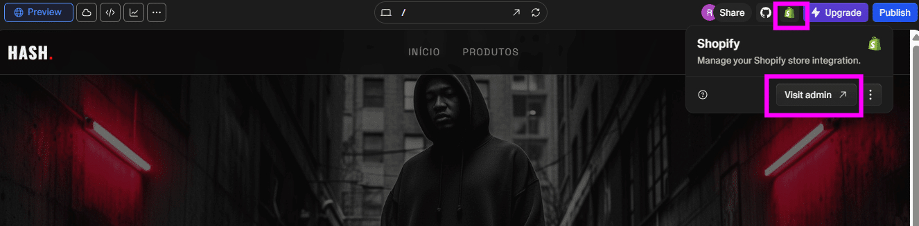 Captura de tela de um site com tema escuro da marca “HASH.” mostrando um banner com um homem de moletom em um beco iluminado por luzes vermelhas, menu superior com “Início” e “Produtos”, e no canto direito um painel do Shopify aberto com opção “Visit admin” destacada