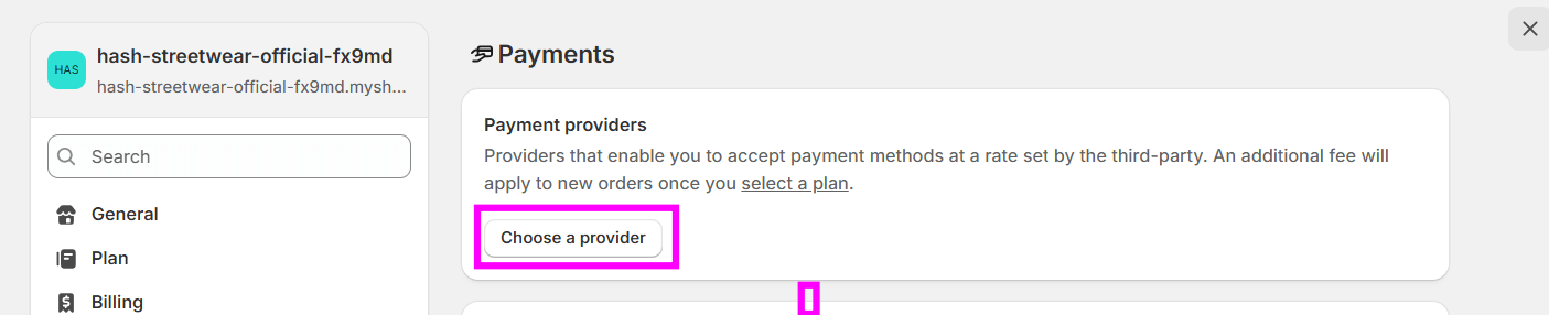 Tela de Payments no painel da Shopify exibindo a seção “Payment providers”, com o botão “Choose a provider” destacado em rosa