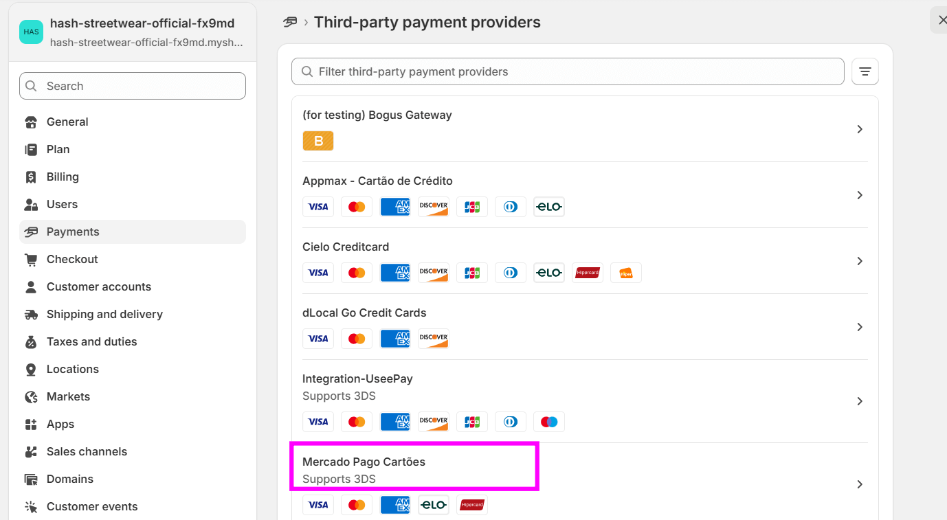 Tela de Third-party payment providers no painel da Shopify, exibindo lista de provedores como Bogus Gateway, Appmax, Cielo, dLocal e Integration-Useepay. A opção “Mercado Pago Cartões” aparece destacada em rosa