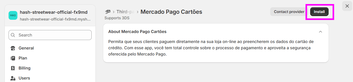 Tela de detalhes do provedor Mercado Pago Cartões no painel da Shopify, exibindo descrição do serviço e o botão “Install” destacado em rosa no canto superior direito