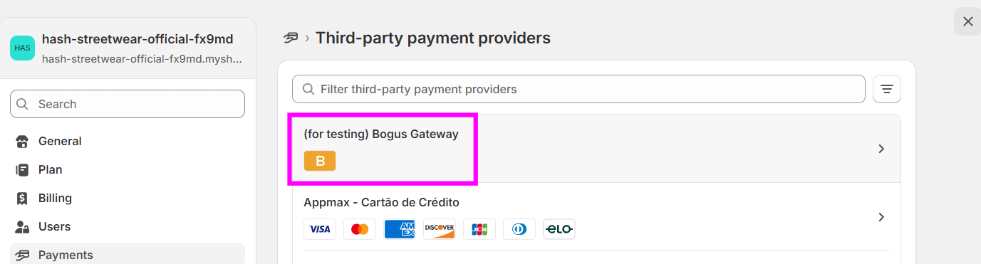 Tela de Third-party payment providers no painel da Shopify, com a opção “(for testing) Bogus Gateway” destacada em rosa no topo da lista