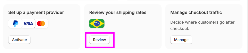 Seção de configurações no painel da Shopify com três cartões: “Set up a payment provider” (com ícones de PayPal, Visa e Mastercard), “Review your shipping rates” (com bandeira do Brasil) e “Manage checkout traffic”. O botão “Review” está destacado em rosa no cartão central
