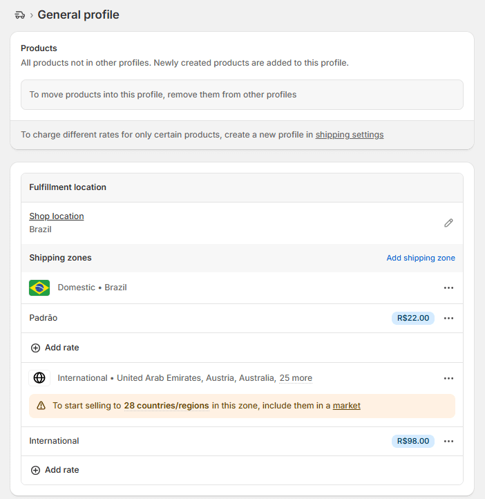 Tela de General profile nas configurações de frete da Shopify, exibindo produtos vinculados ao perfil e a seção Fulfillment location com localização da loja no Brasil. Em Shipping zones, aparecem “Domestic • Brazil” com tarifa padrão de R$22,00 e “International” com tarifa de R$98,00, além de opções para adicionar novas taxas e zonas de envio