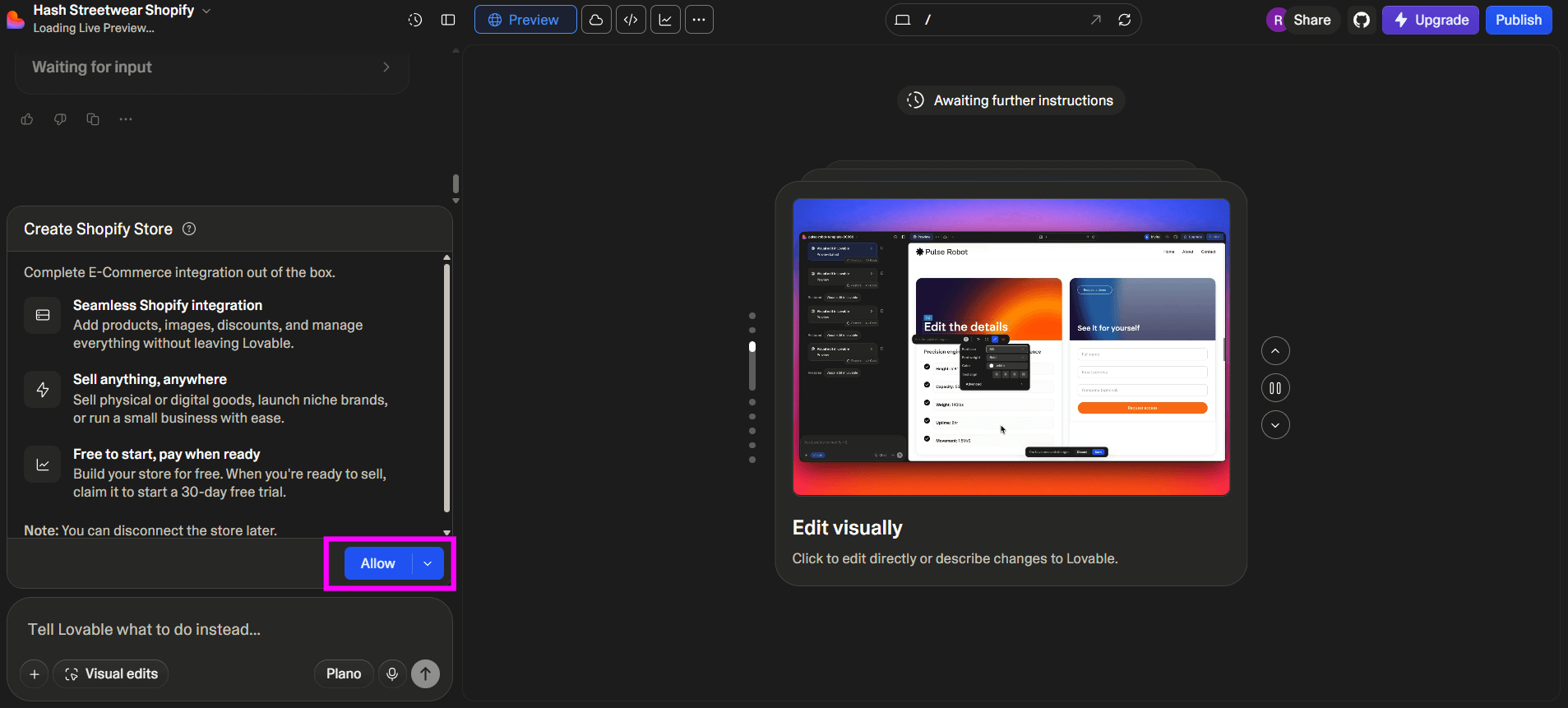 Tela do Lovable na etapa “Create Shopify Store”, mostrando descrição da integração com Shopify à esquerda e o botão azul “Allow” destacado em rosa no canto inferior, com prévia do editor visual do projeto à direita