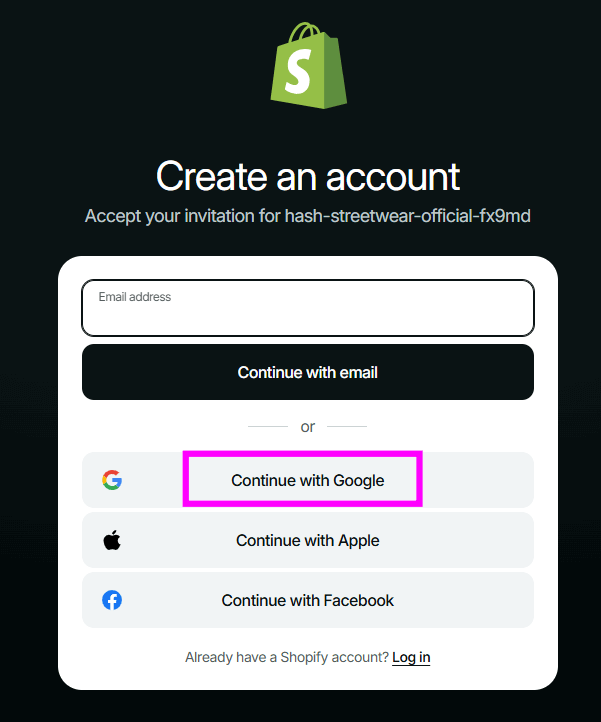Tela da Shopify com o título “Create an account”, com o botão Continue with Google destacado em rosa