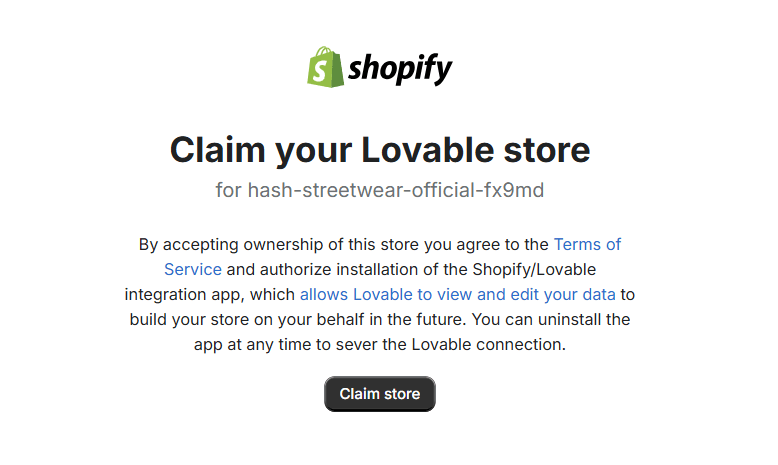 Página do Shopify com o título “Claim your Lovable store” para a loja “hash-streetwear-official-fx9md”, contendo texto explicativo sobre aceitar a propriedade e autorizar a integração com o app Lovable, além de um botão “Claim store” centralizado