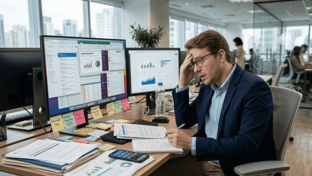 Profissional lidando com muitas tarefas no trabalho representando uma equipe sobrecarregada no ambiente corporativo
