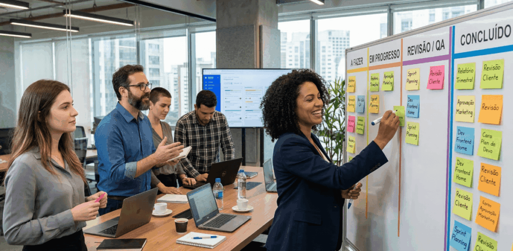 Foto realista de equipe em sala de reunião organizando tarefas em quadro Kanban com post-its ou painel de gestão de projetos. Ambiente corporativo moderno, estilo banco de imagens profissional, visual clean e focado em organização de tarefas.