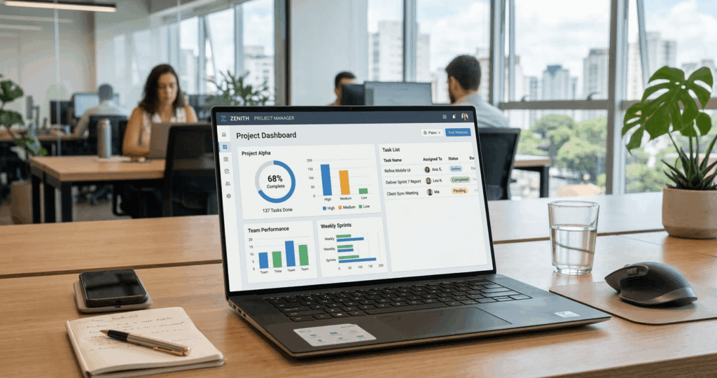 Dashboard de gestão de tarefas ajudando equipes sobrecarregadas a organizar trabalho e reduzir erros