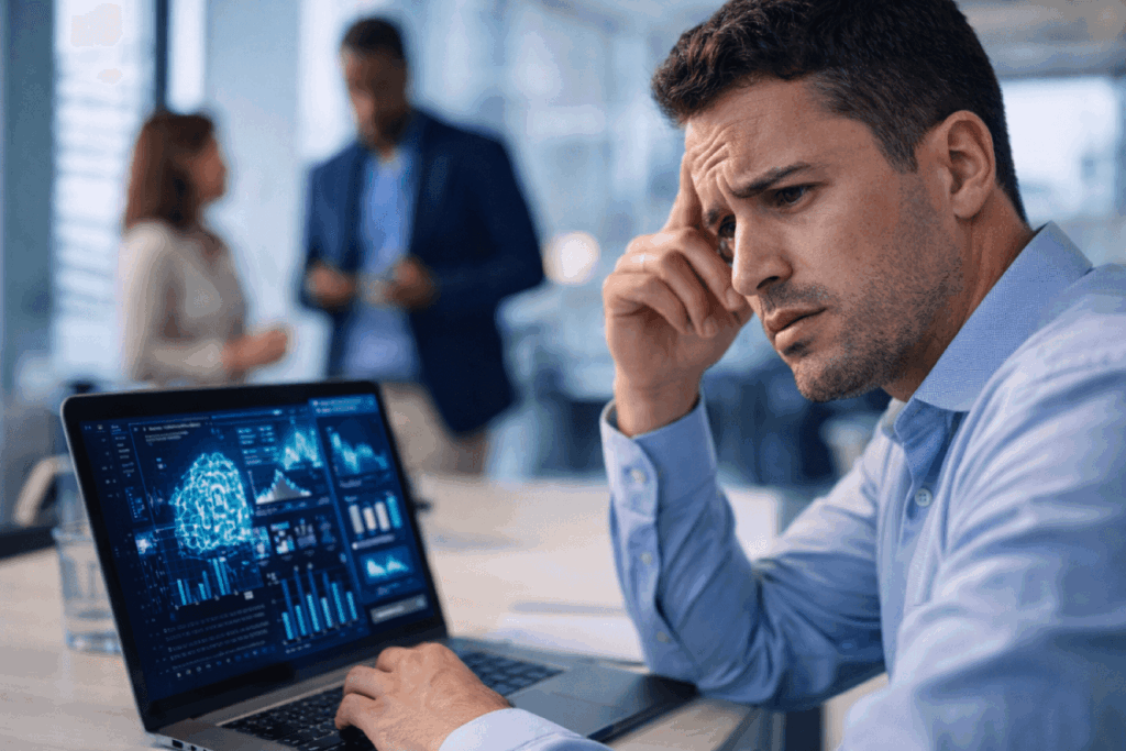 gestor confuso analisando ferramenta de inteligência artificial sem objetivo definido na empresa