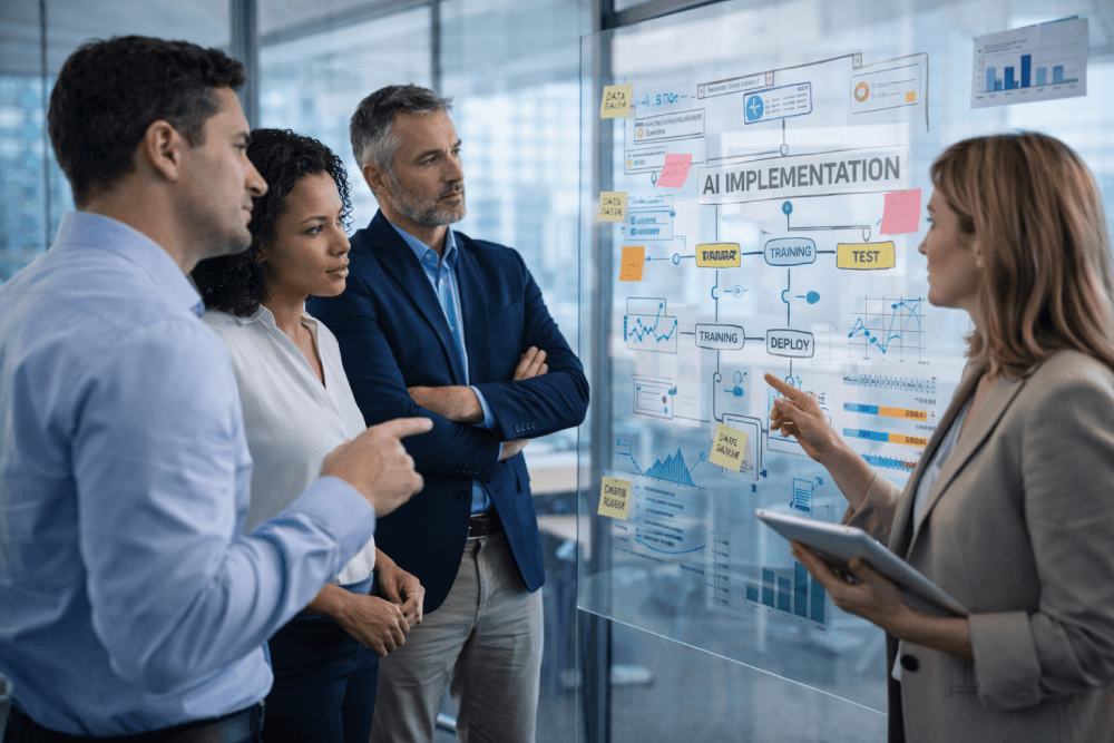 equipe planejando implementação estratégica de inteligência artificial na empresa