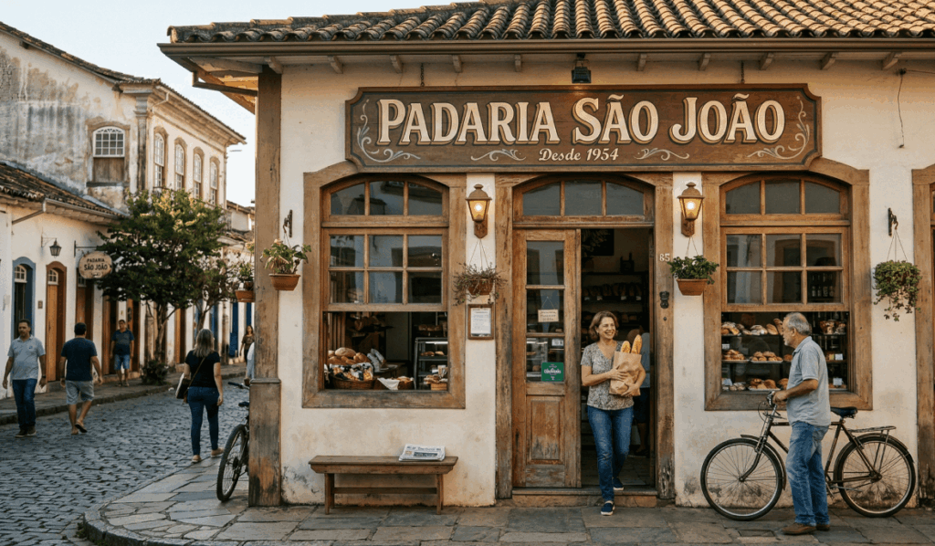 Exemplo de imagem gerada com prompt “fachada de padaria com placa escrita Padaria São João”