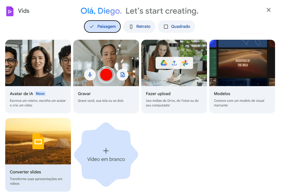 Interface do Google Vids