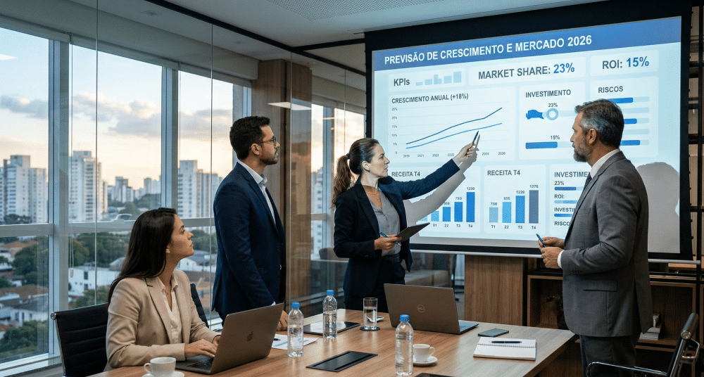Reunião estratégica discutindo implementação de machine learning na gestão empresarial