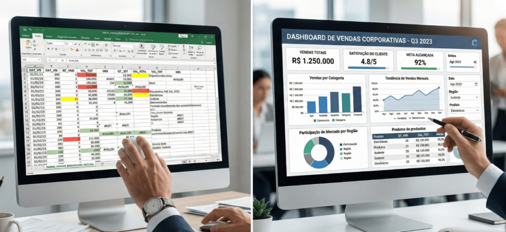 Comparação entre planilha desorganizada e dashboard estruturado para aplicar machine learning na gestão