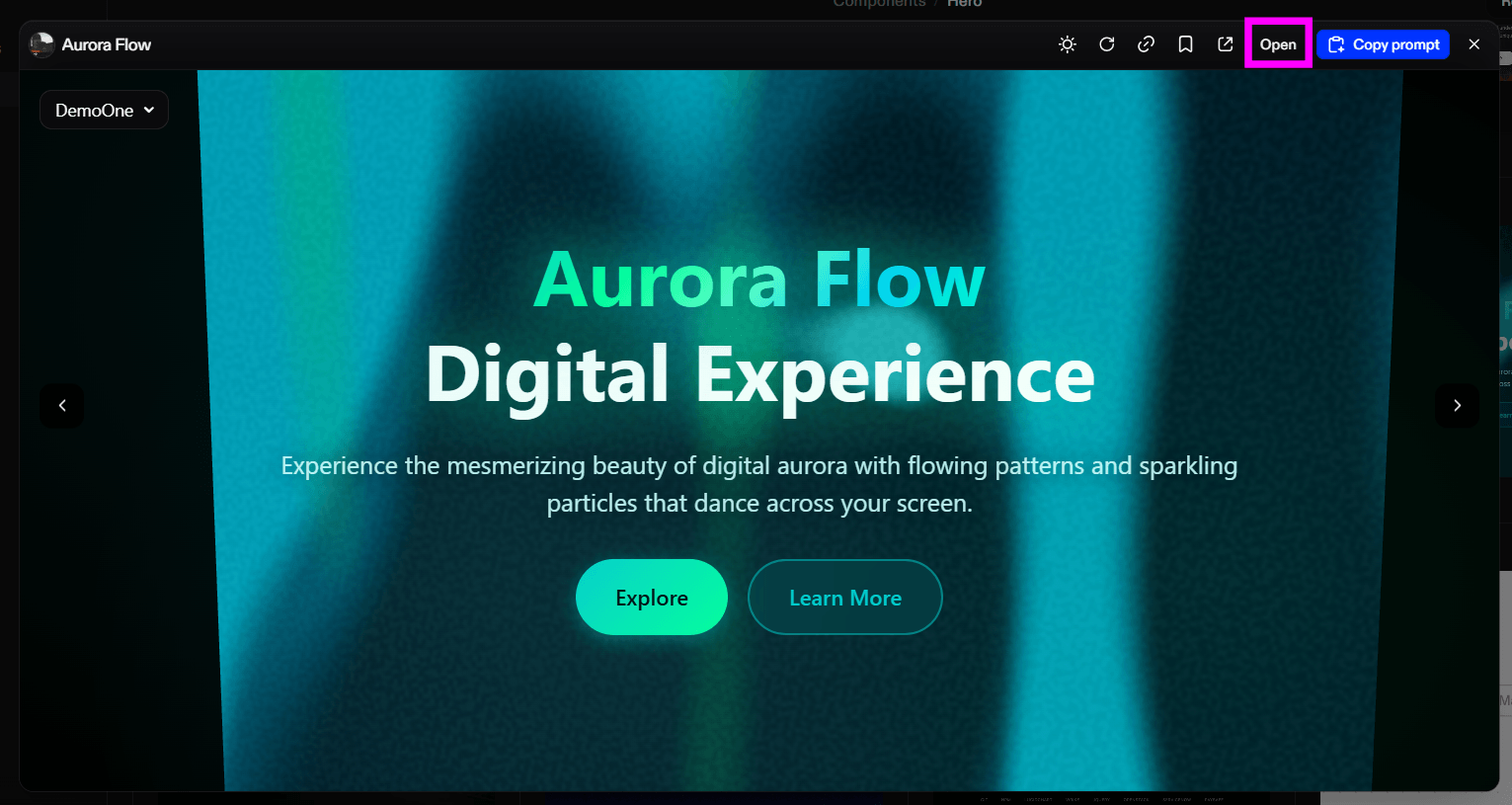Tela de visualização do componente Aurora Flow com destaque para o botão Open que permite abrir o template de hero section animada