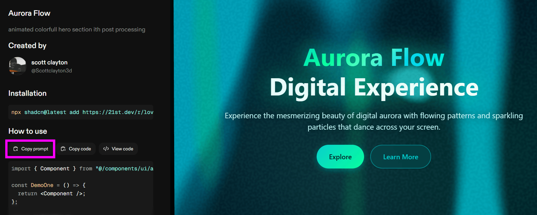 Interface da 21st exibindo o componente Aurora Flow com destaque para o botão Copy prompt utilizado para copiar o prompt de implementação do componente