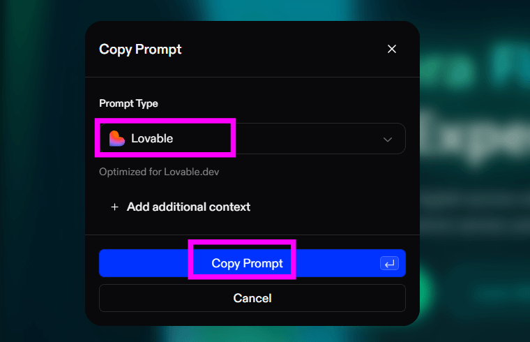 Modal Copy Prompt na 21st mostrando a opção Lovable selecionada em Prompt Type e o botão Copy Prompt para copiar o prompt do componente