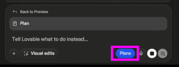 Interface do Lovable mostrando a seção Plan e o botão Plano destacado na área de entrada de comandos para gerar um plano de ação