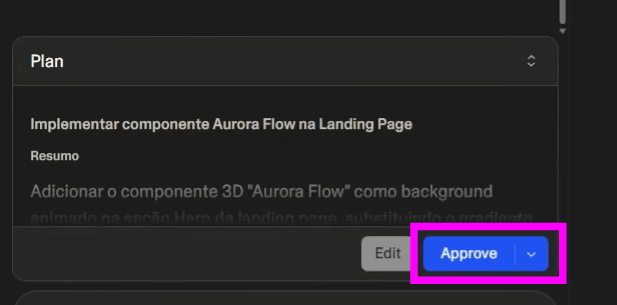 Interface do Lovable exibindo um plano para implementar o componente Aurora Flow na landing page, com o botão Approve destacado para aprovar a execução