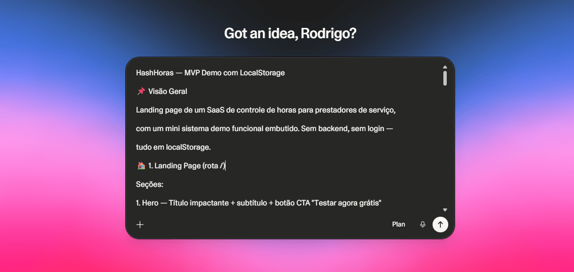 Tela do Lovable mostrando o prompt de criação do projeto HashHoras, uma landing page de SaaS para controle de horas de prestadores de serviço